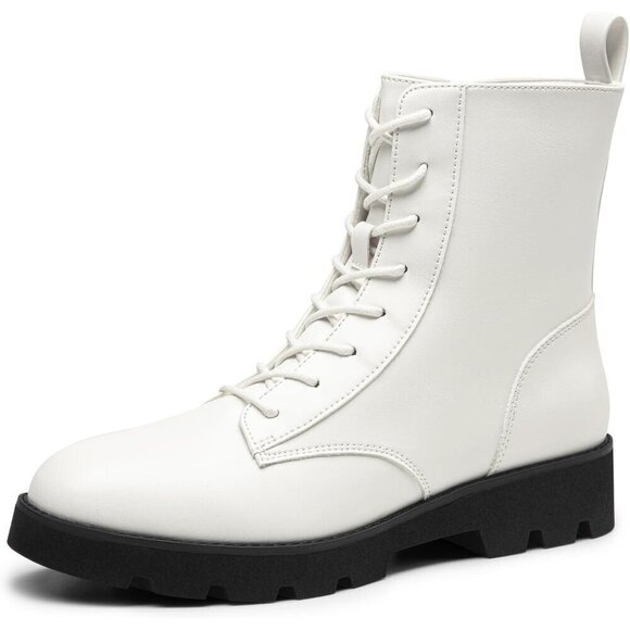 DREAM PAIRS Lace up Lug Sole Women White CALF PU Fashion Combat Ankle Boots - Picture 1 of 7